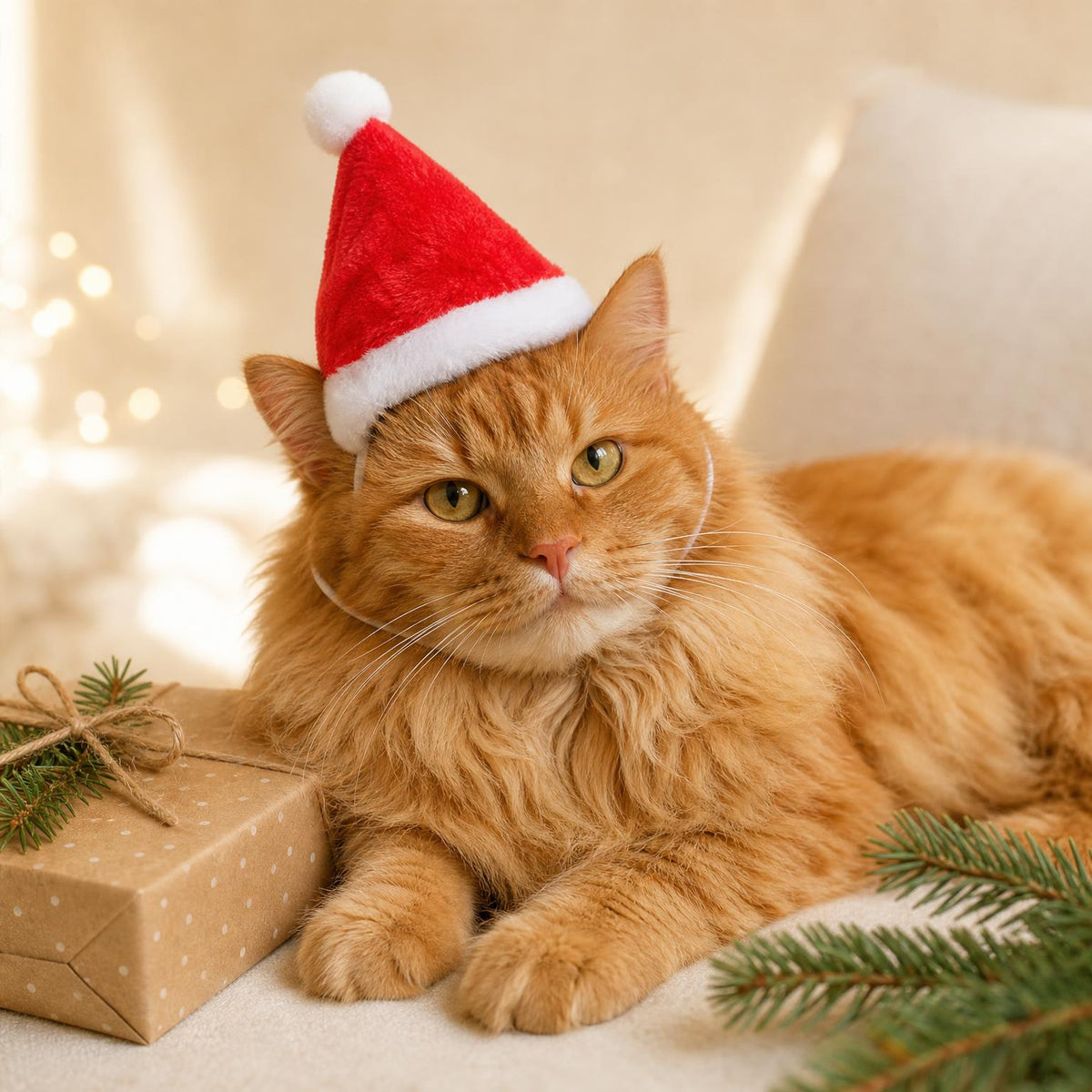 Ginger cat wearing the Santa hat