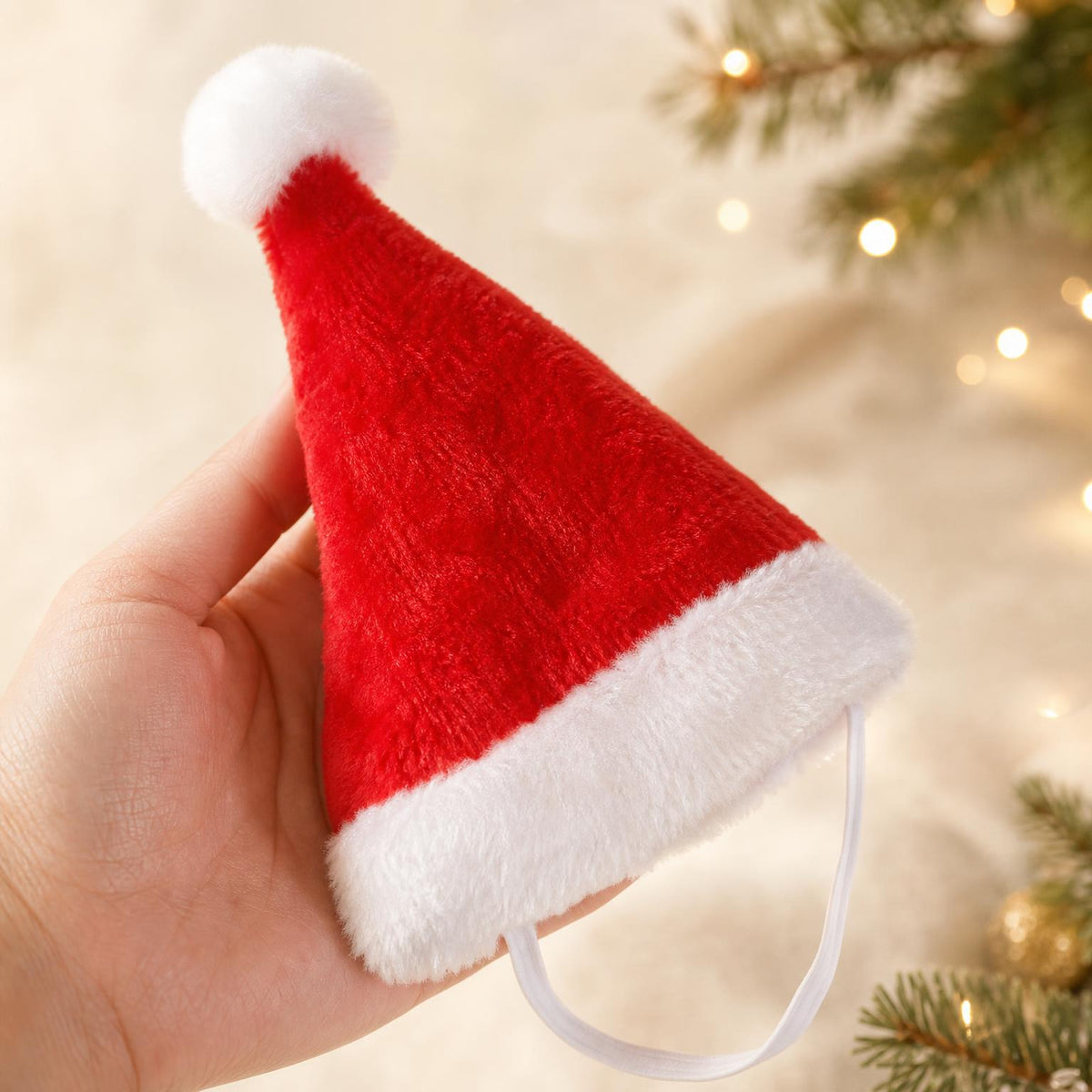 Close-up of the plush Santa hat and elastic strap