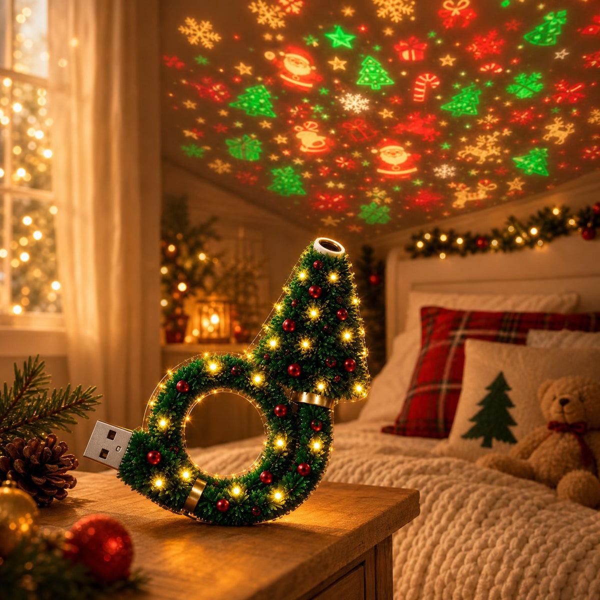 Christmas patterns projected on a bedroom ceiling