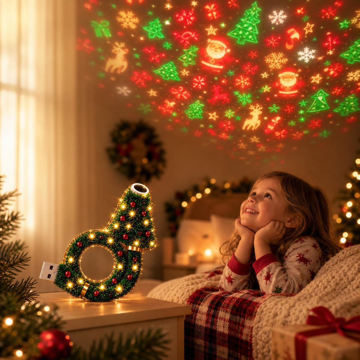 Child watching Christmas patterns on the ceiling