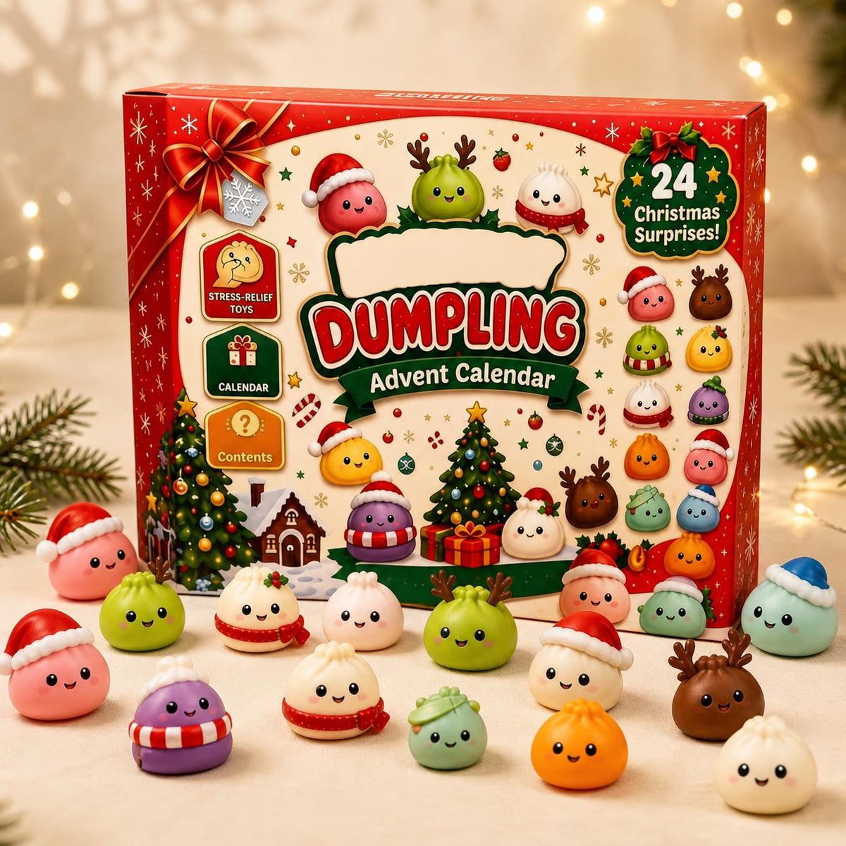 Dumpling Days advent calendar at an angle with squishy friends