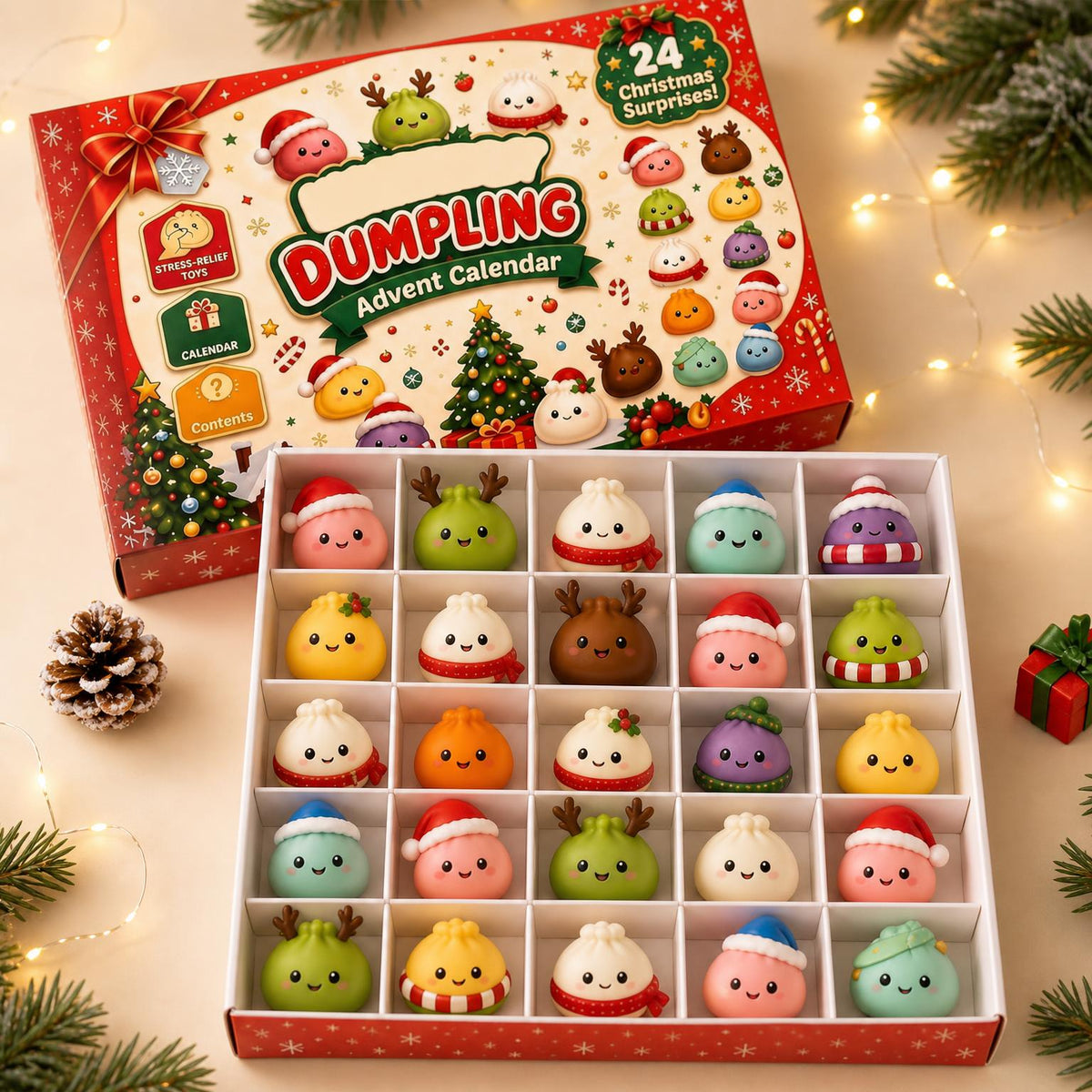 Open advent calendar tray with 24 squishy dumpling figures