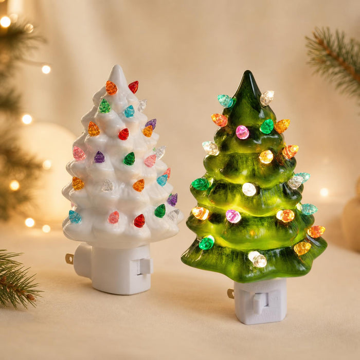 White and green vintage ceramic Christmas tree night lights