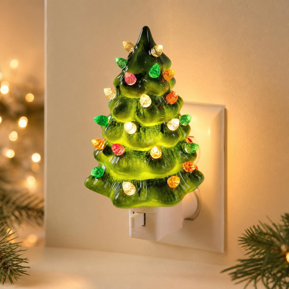 Green Christmas tree night light glowing in a hallway