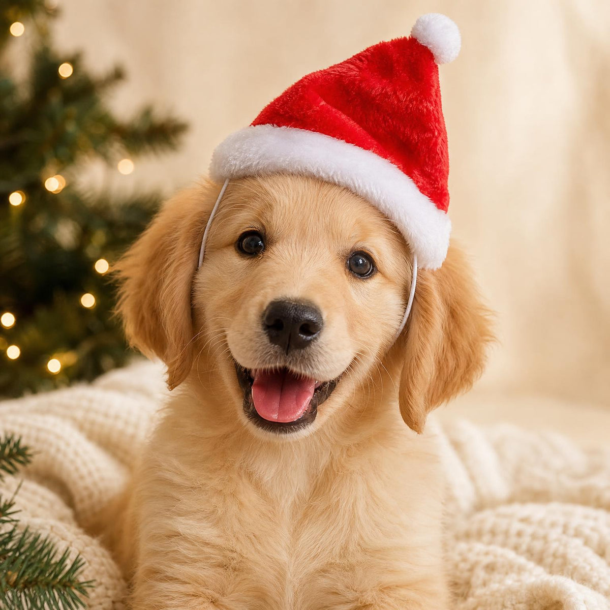 Golden retriever puppy wearing the Santa hat